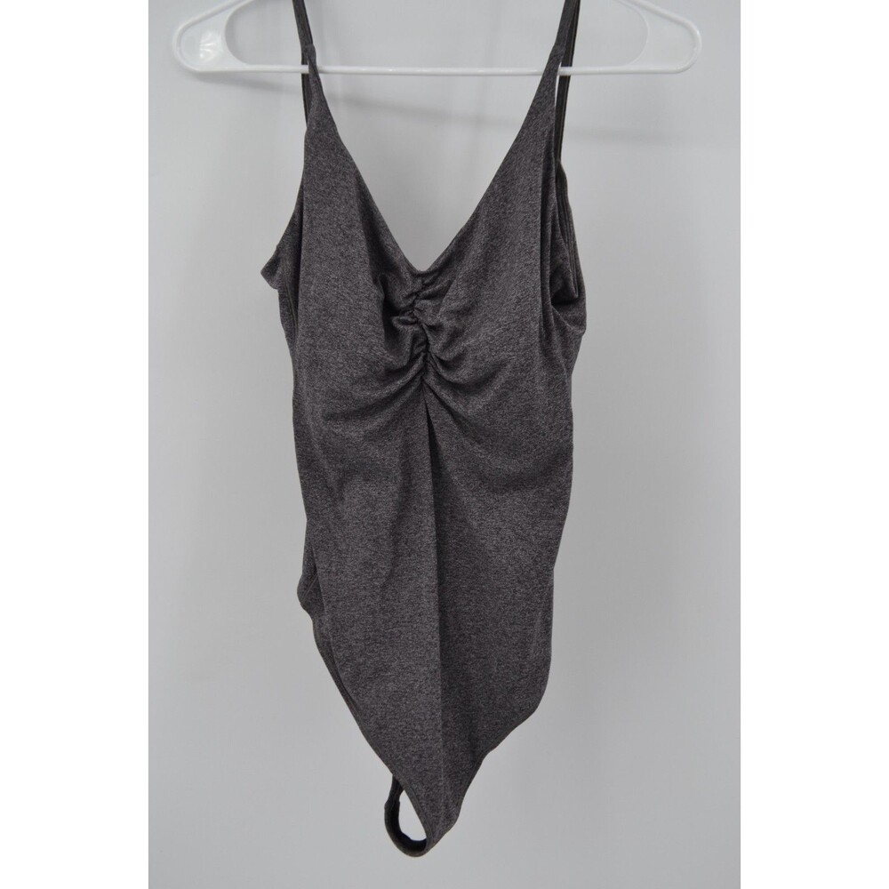 Lululemon Pretty Pursuit Ruched Bodysuit Size 12 Heathered Charcoal Open Back